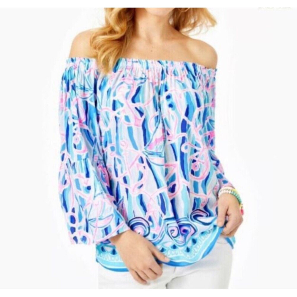 Lilly Pulitzer Nevie Off-the-Shoulder‎ Top Reel Nauti Print Size Small